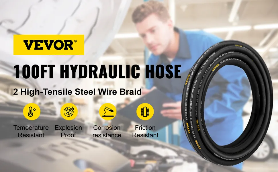VEVOR hydraulic hose - 100ft with high-tensile steel wire braid, resistant to temperature, explosion, corrosion, and friction.
