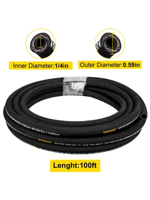VEVOR hydraulic hose, 1/4 in inner diameter, 0.59 in outer diameter, 100 ft length.
