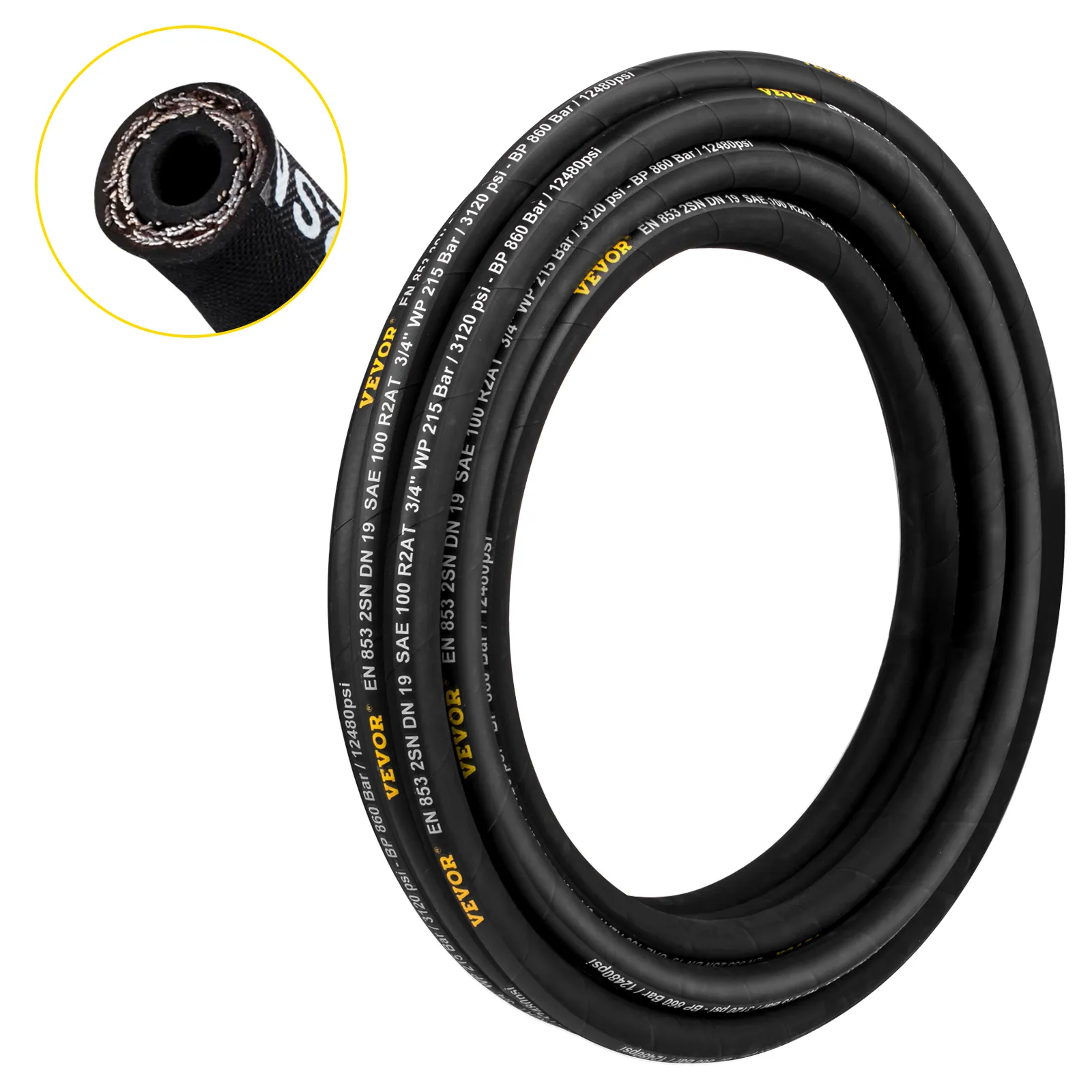VEVOR hydraulic hose with braided construction and pressure rating details.