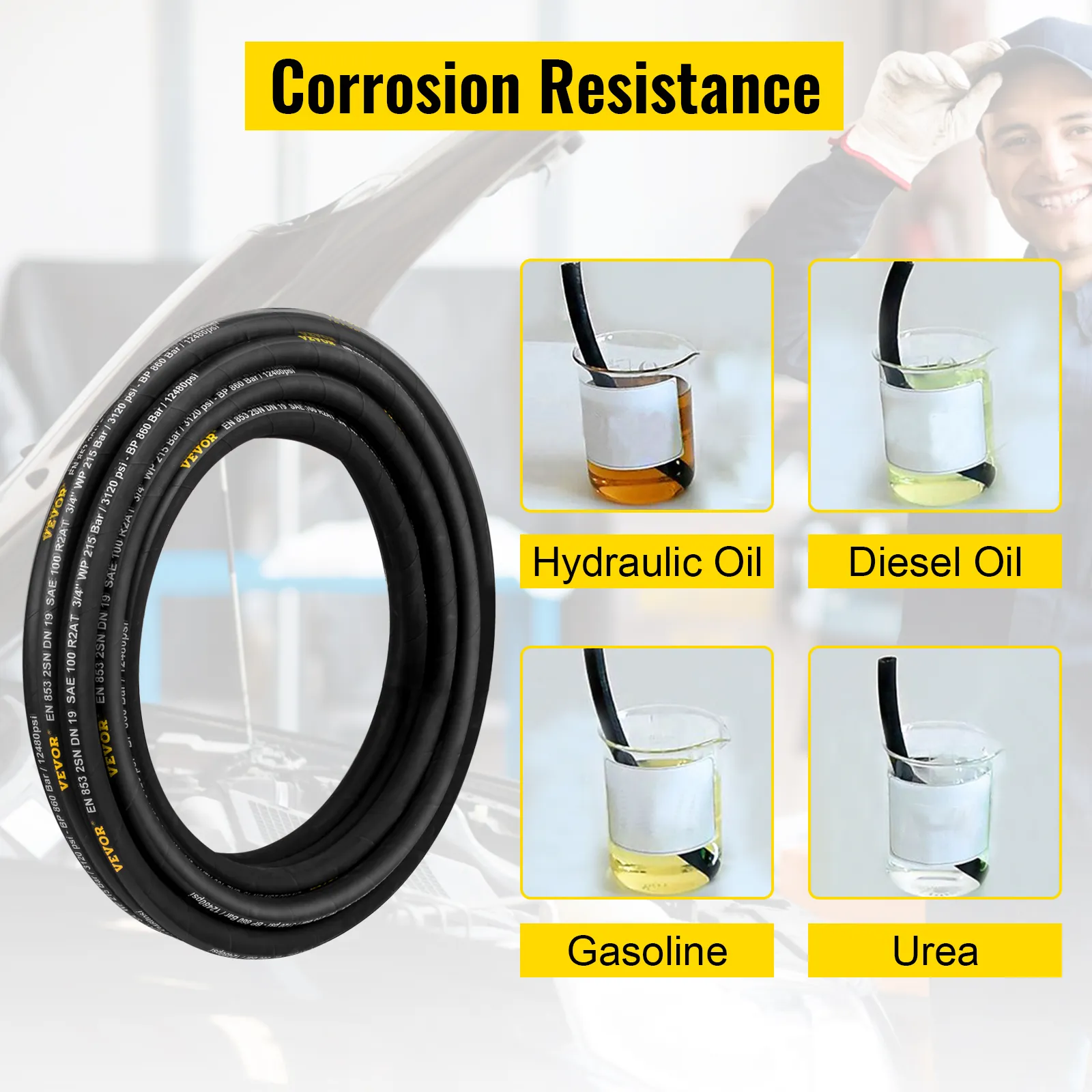 VEVOR hydraulic hose in resistance tests with oil, diesel, gasoline, and urea.