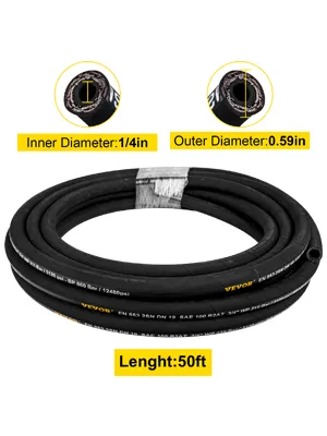 VEVOR hydraulic hose, 50ft length, 1/4in inner diameter, 0.59in outer diameter.