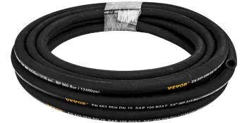 black VEVOR hydraulic hose coiled and labeled with technical specifications.