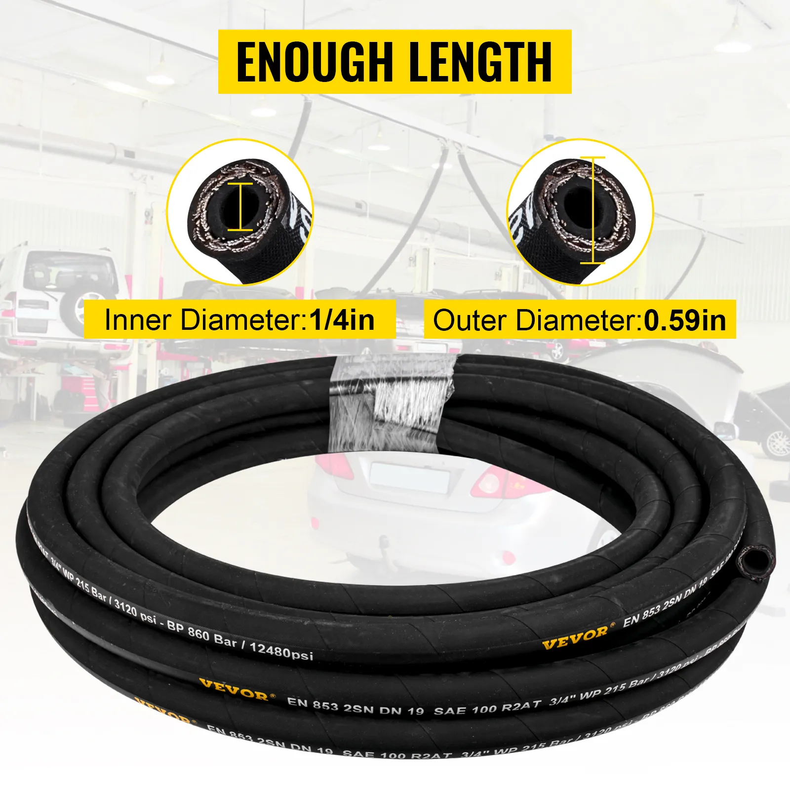 VEVOR hydraulic hose with 1/4in inner diameter and 0.59in outer diameter, coiled in a garage.