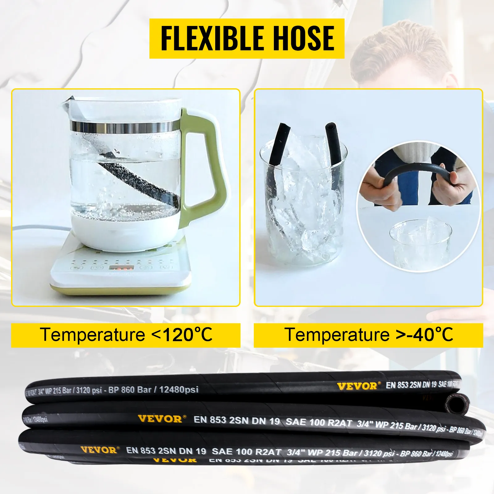 VEVOR hydraulic hose flexible under extreme temperatures, shown in hot and cold tests.