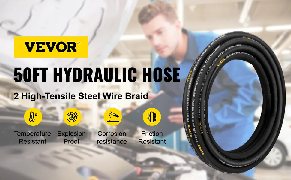 VEVOR-Hydraulikschlauch 50 Fuß mit 2 hochfesten Stahldrahtgeflechten; temperatur-, explosions-, korrosions- und reibungsbeständig.