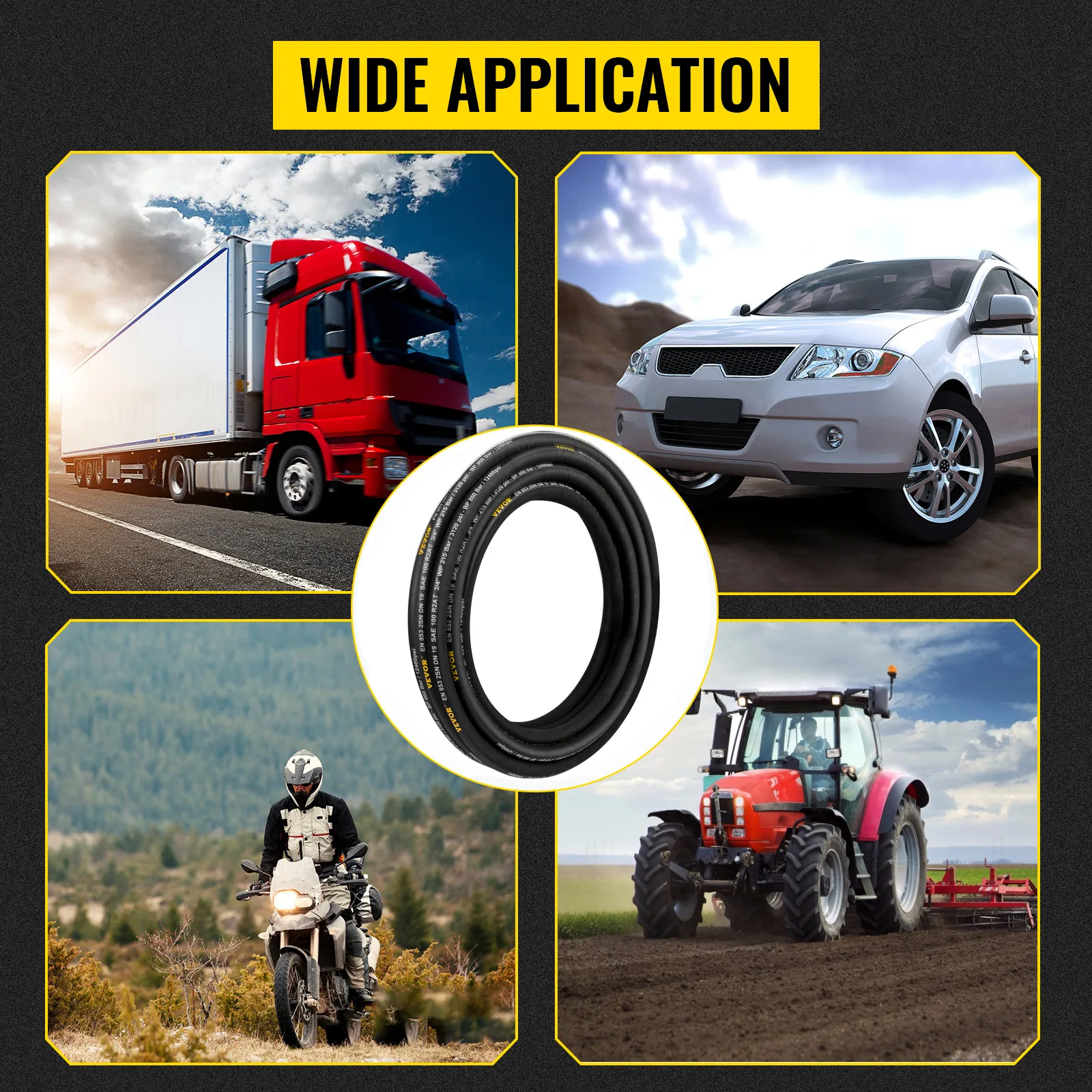 Breite Anwendung von VEVOR-Hydraulikschläuchen mit Bildern von LKWs, Autos, Motorrädern und Traktoren.