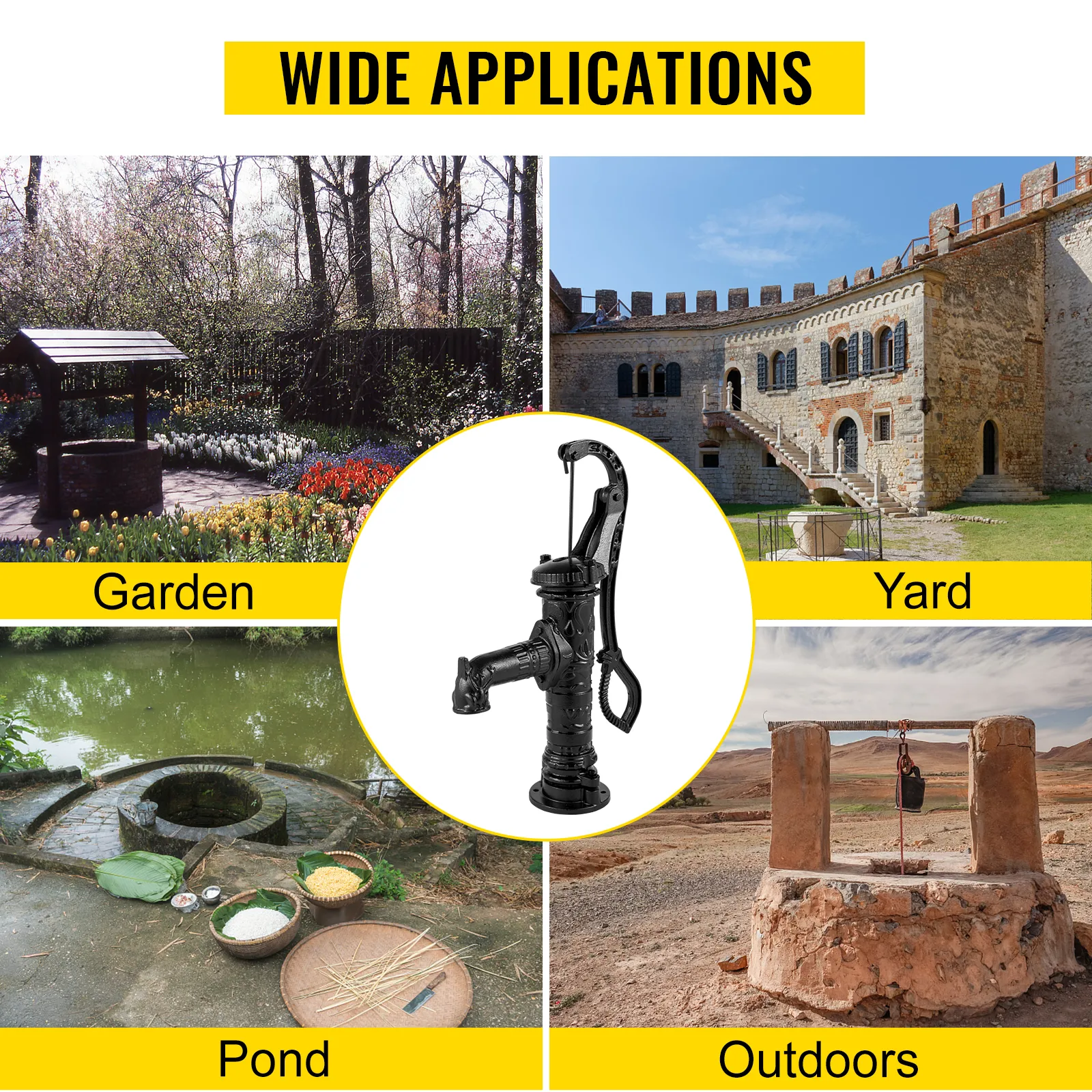 VEVOR antique hand water pump in garden, yard, pond, and outdoor settings.
