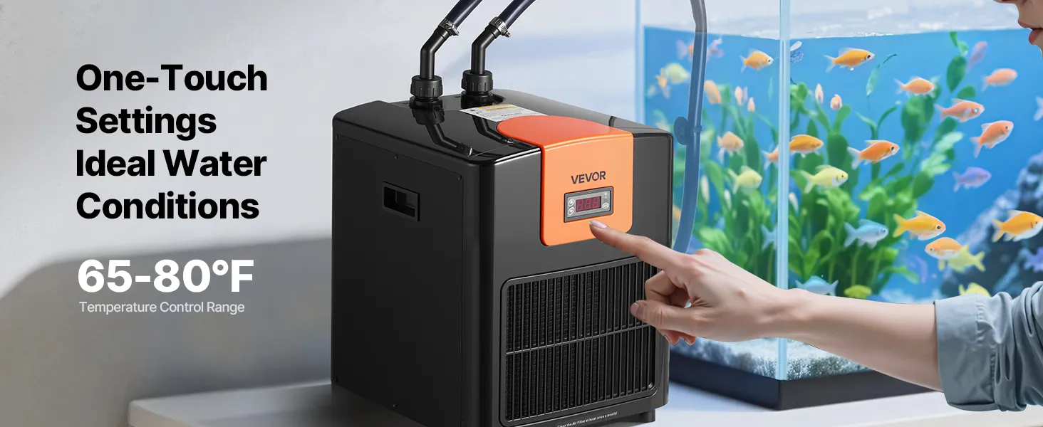VEVOR Aquarium Chiller 92 Gallon, 1/4 HP Water Chiller for Hydroponics, Fast Cooling for Fish Tank,Axolotl,Coral Reef,Quiet Refrigeration Compressor, Titanium Evaporator,Complete Fittings