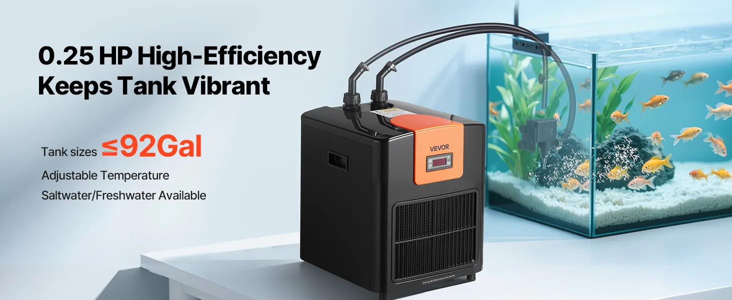 VEVOR Aquarium Chiller 92 Gallon, 1/4 HP Water Chiller for Hydroponics, Fast Cooling for Fish Tank,Axolotl,Coral Reef,Quiet Refrigeration Compressor, Titanium Evaporator,Complete Fittings