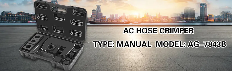 VEVOR-Klimaschlauch-Crimpset mit Handwerkzeugen, präsentiert vor dem Hintergrund einer Stadtansicht.