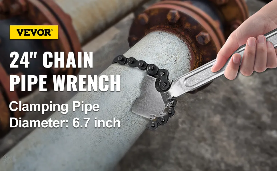 VEVOR chain wrench clamping a 6.7-inch diameter pipe.