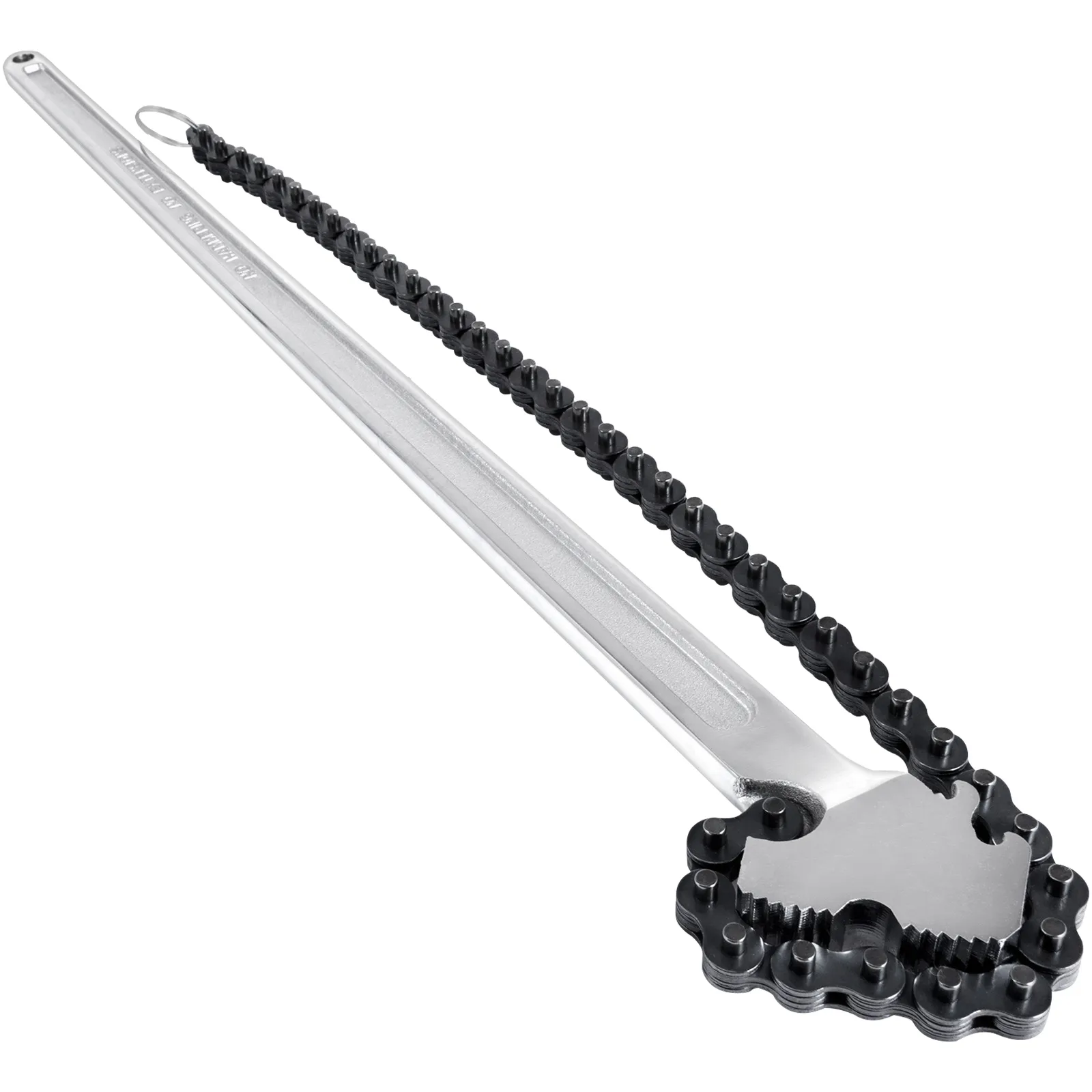 VEVOR chain wrench with long handle and durable chain looped around the head.