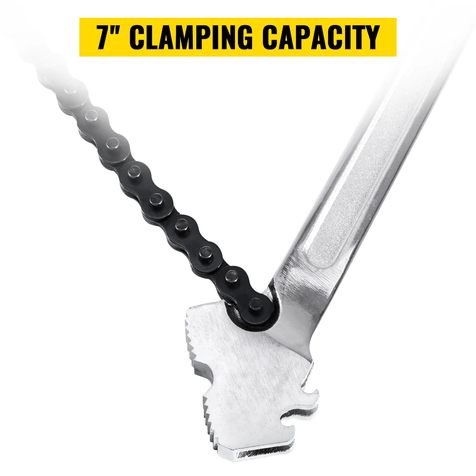 VEVOR chain wrench with 7" clamping capacity showcasing durable chain and grip.