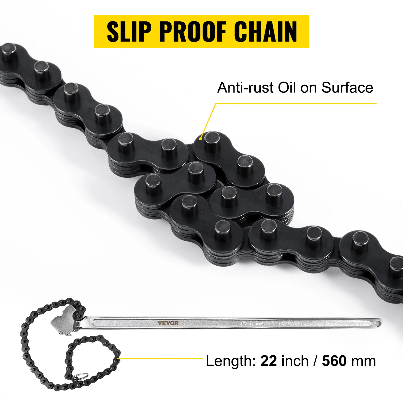 VEVOR chain wrench with slip-proof chain and anti-rust oil, 22 inch / 560 mm length.