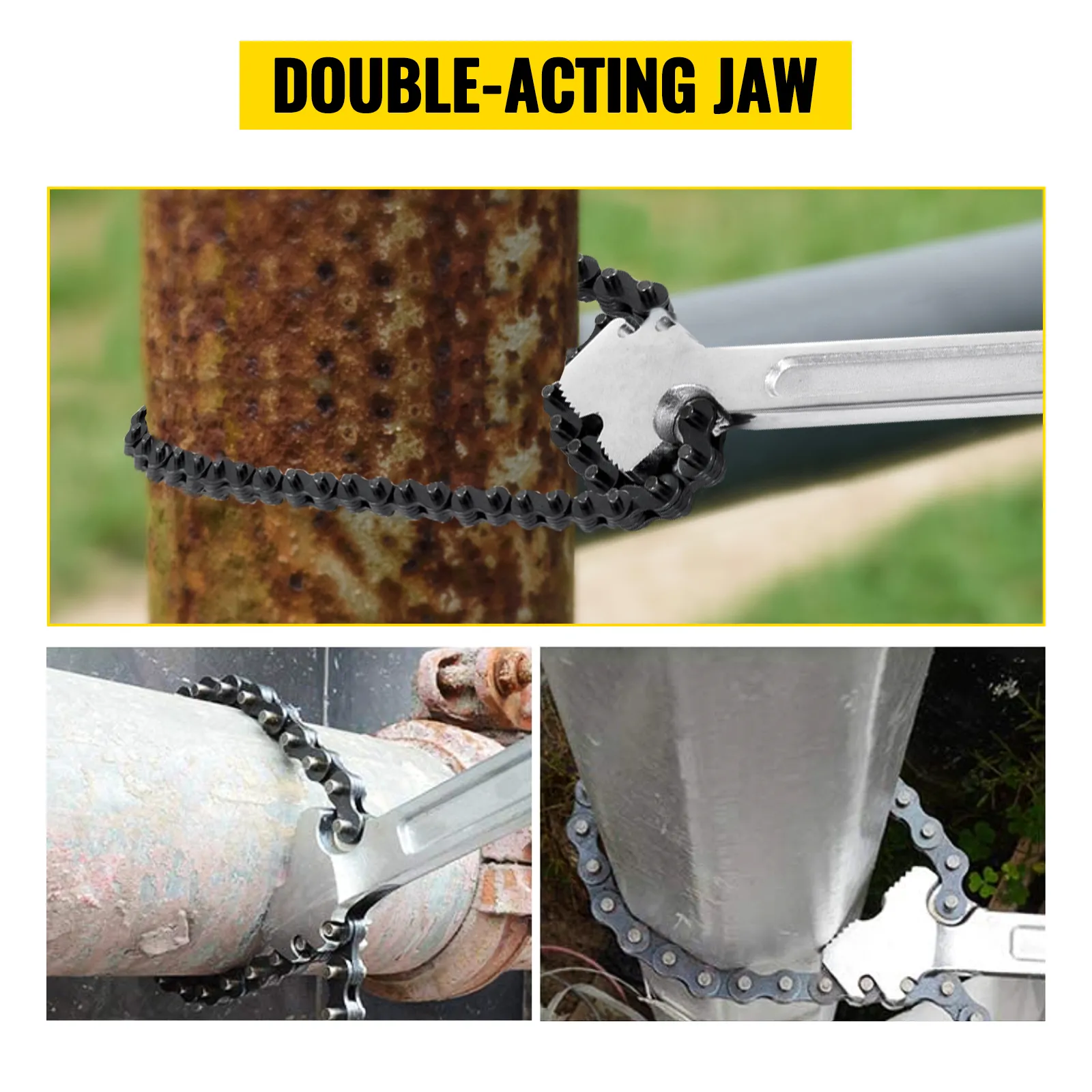 VEVOR chain wrench gripping various rusty and metal pipes with double-acting jaw.