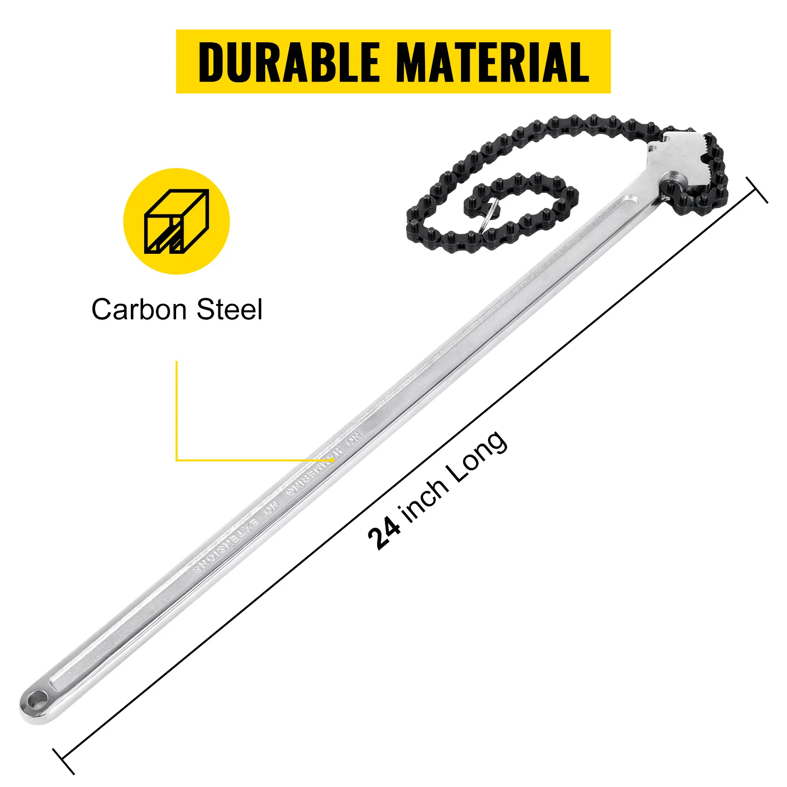 VEVOR chain wrench, 24-inch long, carbon steel, durable material.