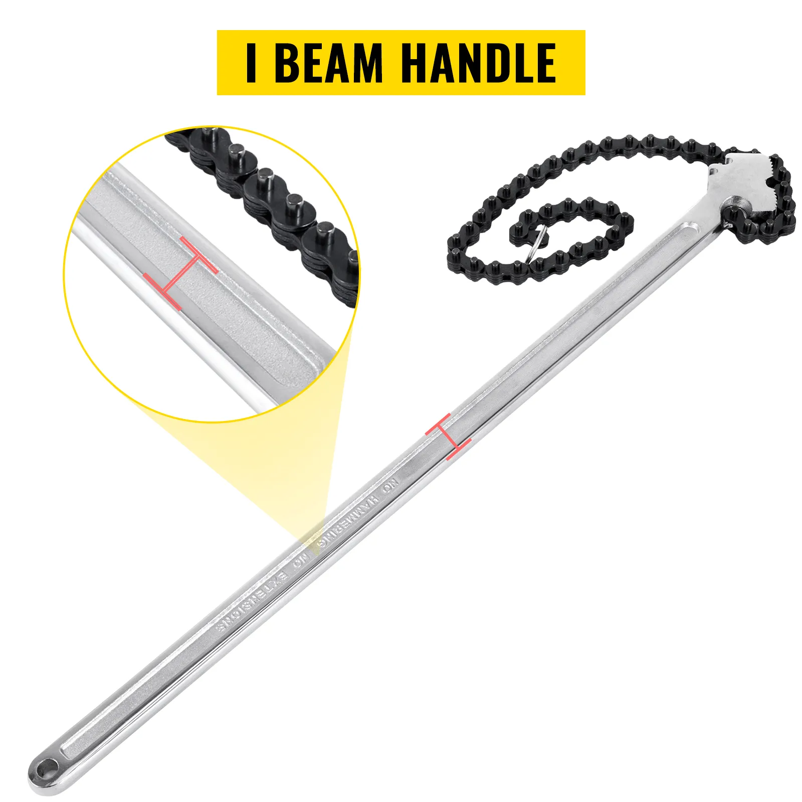 VEVOR chain wrench with i-beam handle and chain detail in focus.
