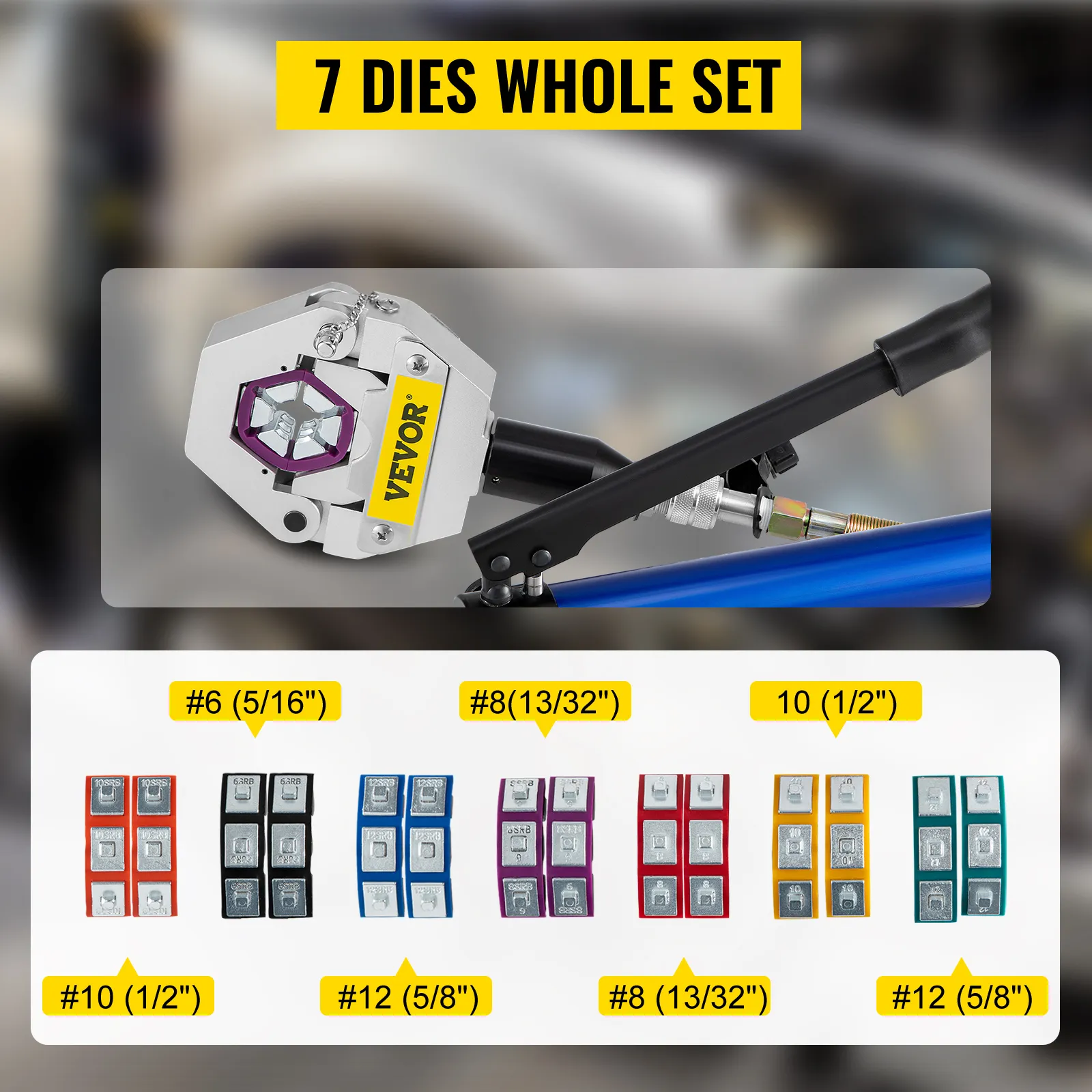 VEVOR ac hose crimper with 7 die set for various hose sizes and colors.
