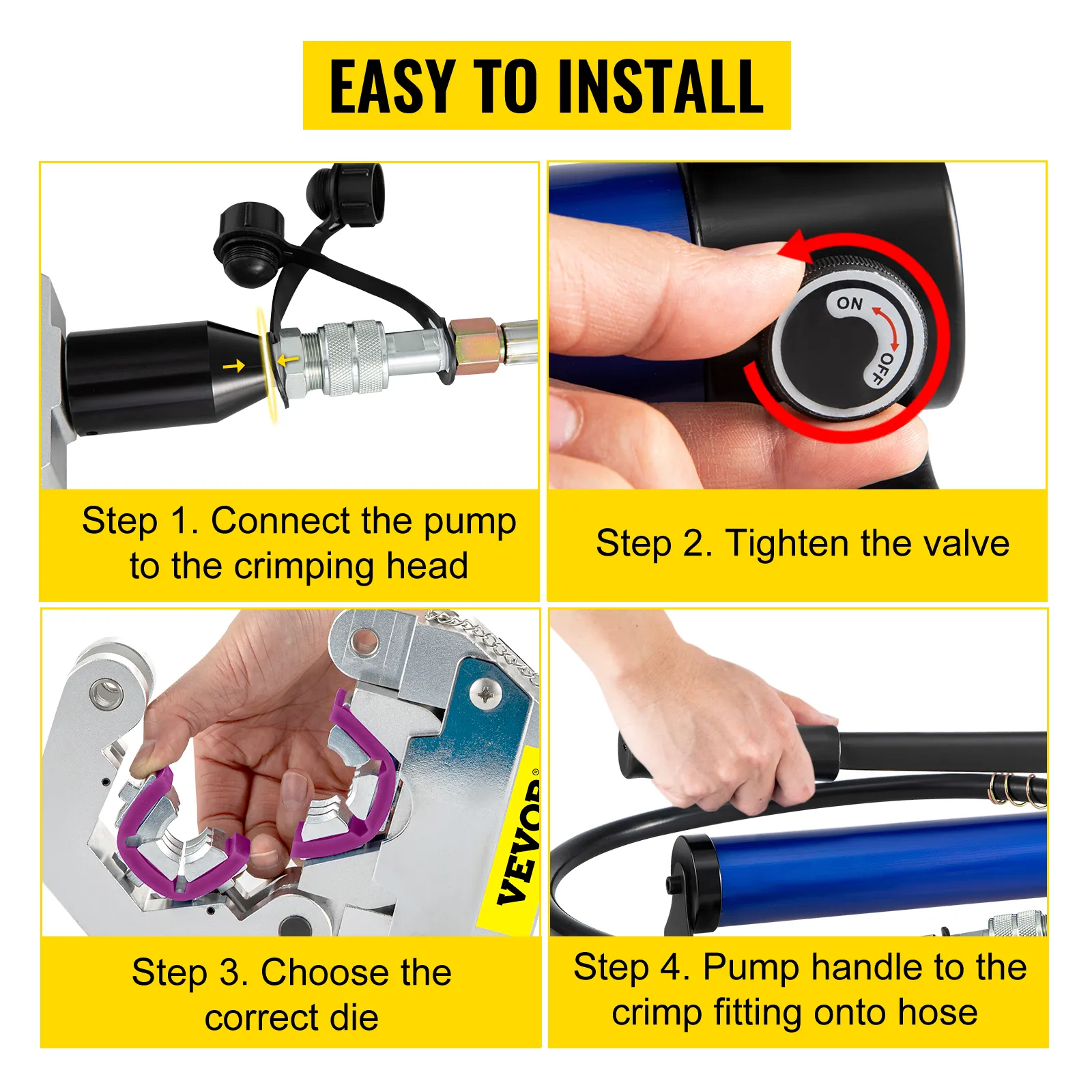 VEVOR ac hose crimper installation steps: connect, tighten valve, choose die, pump handle.