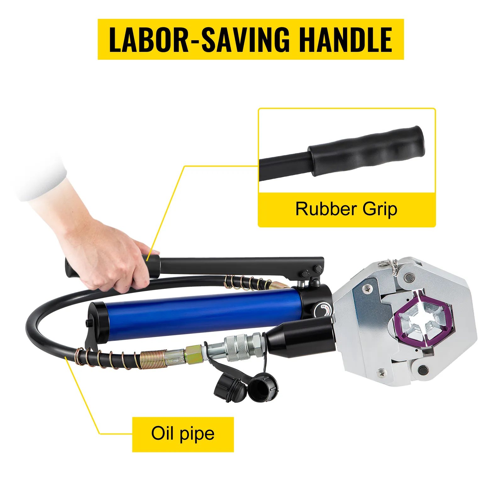VEVOR ac hose crimper with labor-saving handle, rubber grip, and oil pipe.