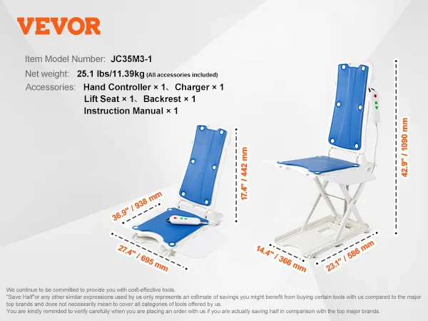 VEVOR electric chair lift jc35m3-1 with hand controller, charger, lift seat, backrest, and manual.