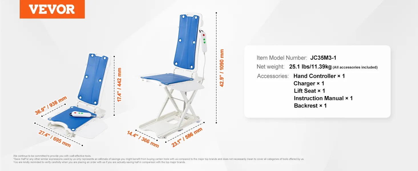 VEVOR electric chair lift jc35m3-1 with hand controller, charger, lift seat, backrest, and manual.