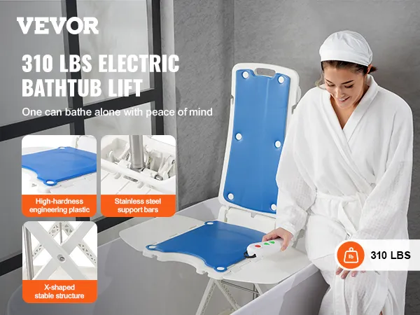 VEVOR electric chair lift for bathtub, 310 lbs capacity, blue seat, white frame, secure and comfortable.