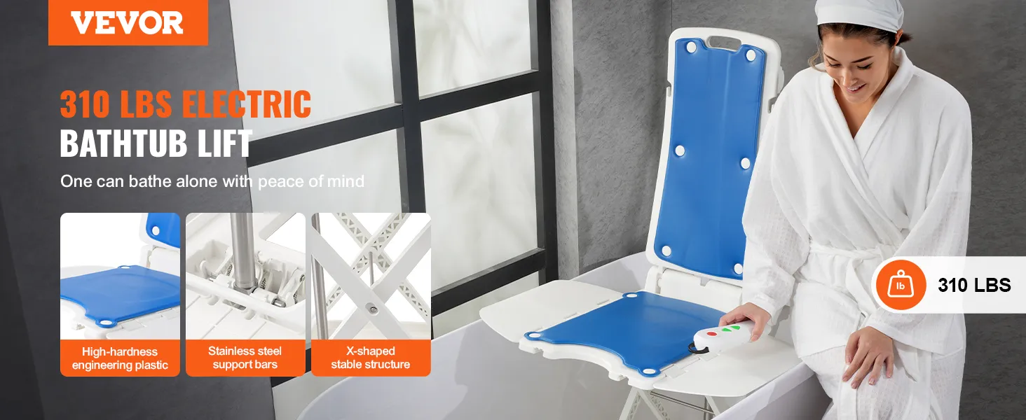 VEVOR electric chair lift for bathtub, 310 lbs capacity, blue seat, white frame, secure and comfortable.