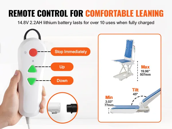 hand holding a remote control for the VEVOR electric chair lift with tilt and height adjustments.