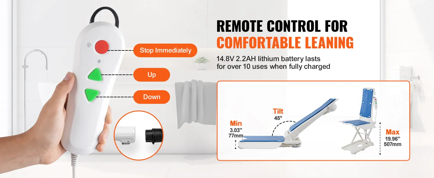 hand holding a remote control for the VEVOR electric chair lift with tilt and height adjustments.