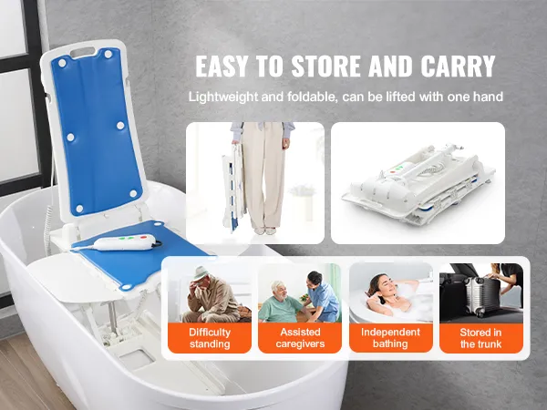 VEVOR electric chair lift, lightweight and foldable for easy carrying, ideal for independent bathing.
