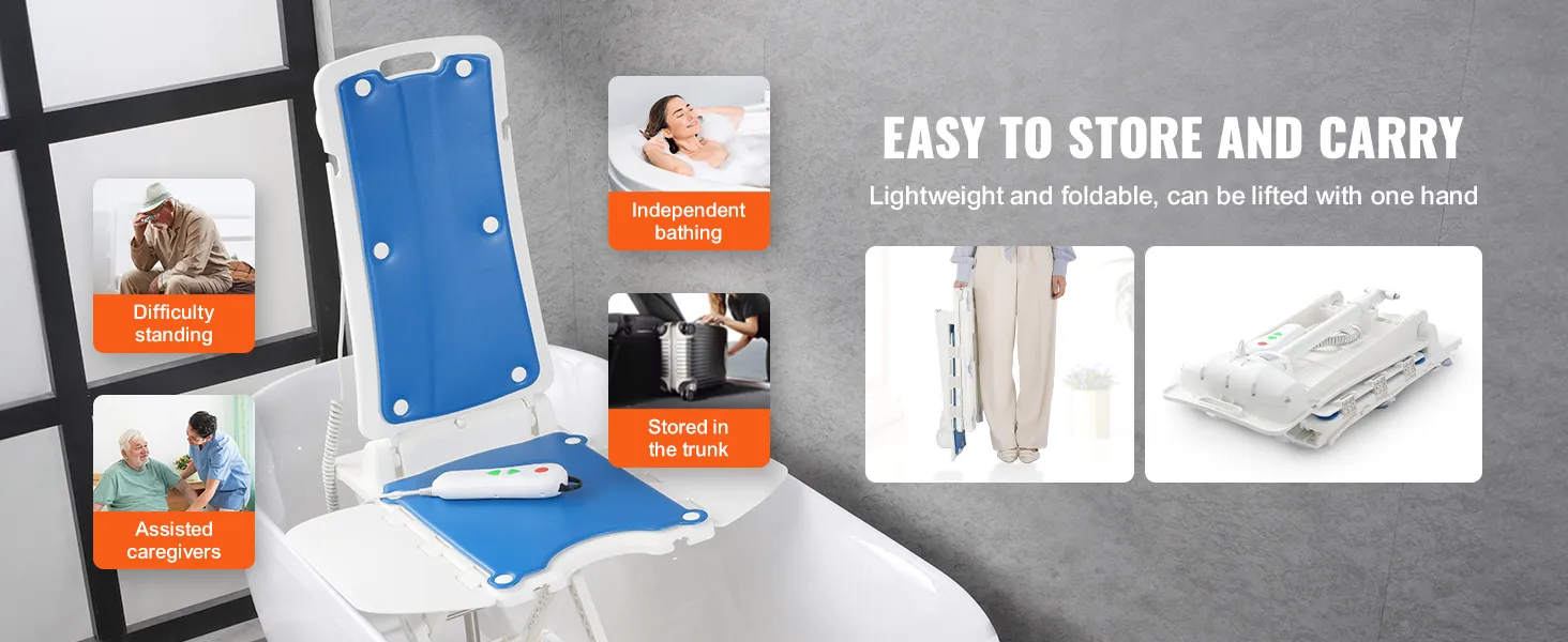 VEVOR electric chair lift, lightweight and foldable for easy carrying, ideal for independent bathing.