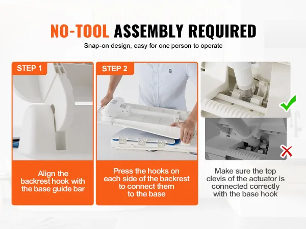 no-tool assembly steps for VEVOR electric chair lift: align backrest hook, connect hooks, ensure top clevis connection.
