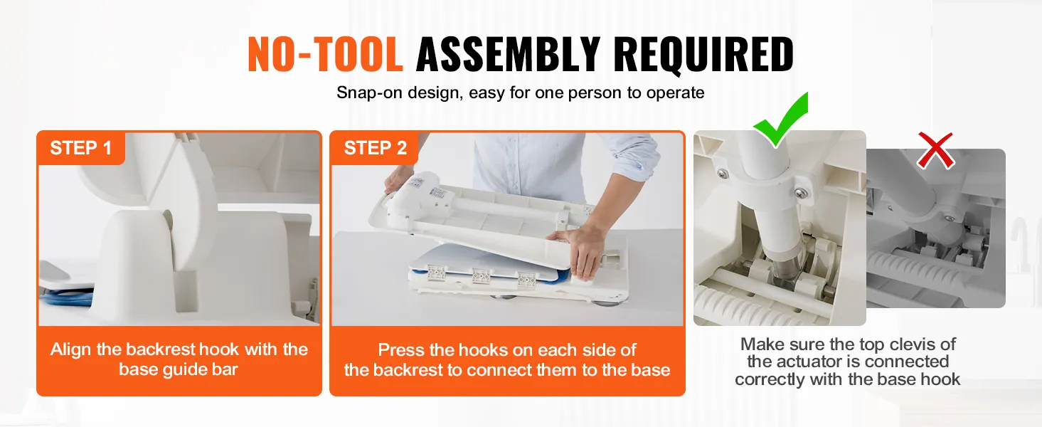 no-tool assembly steps for VEVOR electric chair lift: align backrest hook, connect hooks, ensure top clevis connection.