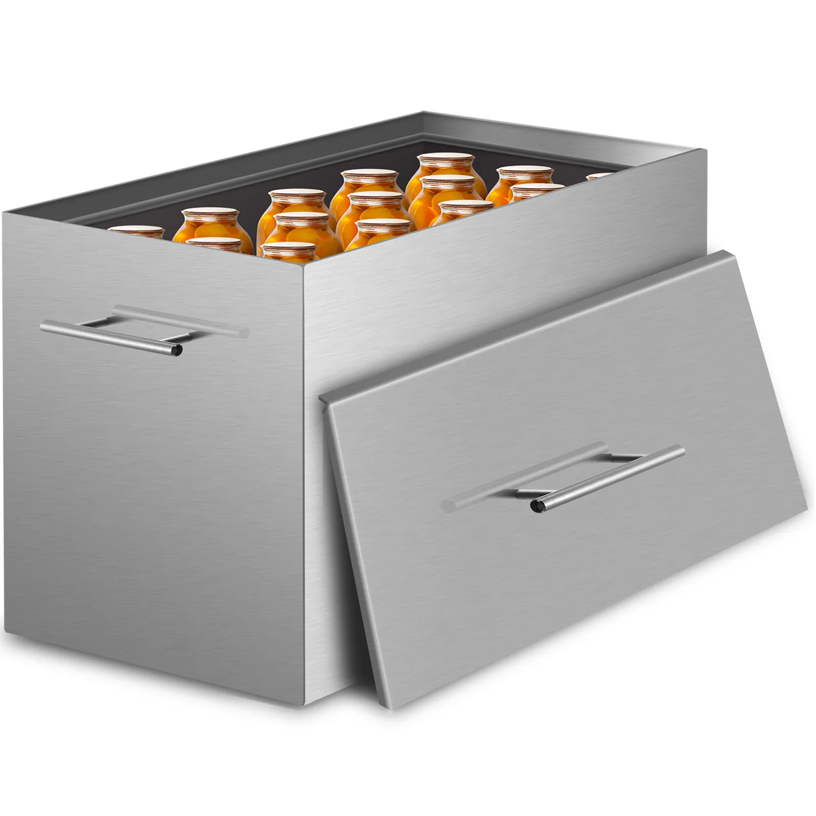 VEVOR water bath canner with jars of preserved food in a stainless steel container.