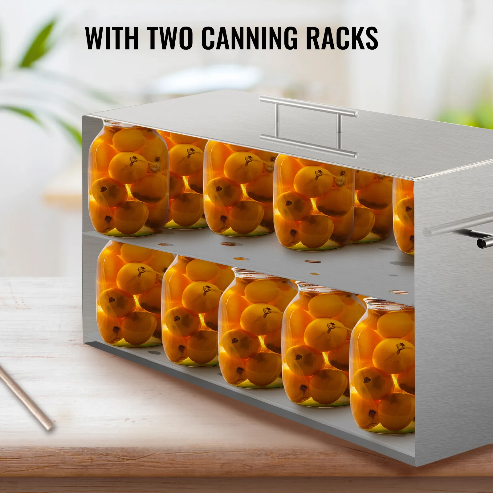 VEVOR water bath canner with two canning racks filled with jars of preserved fruit.