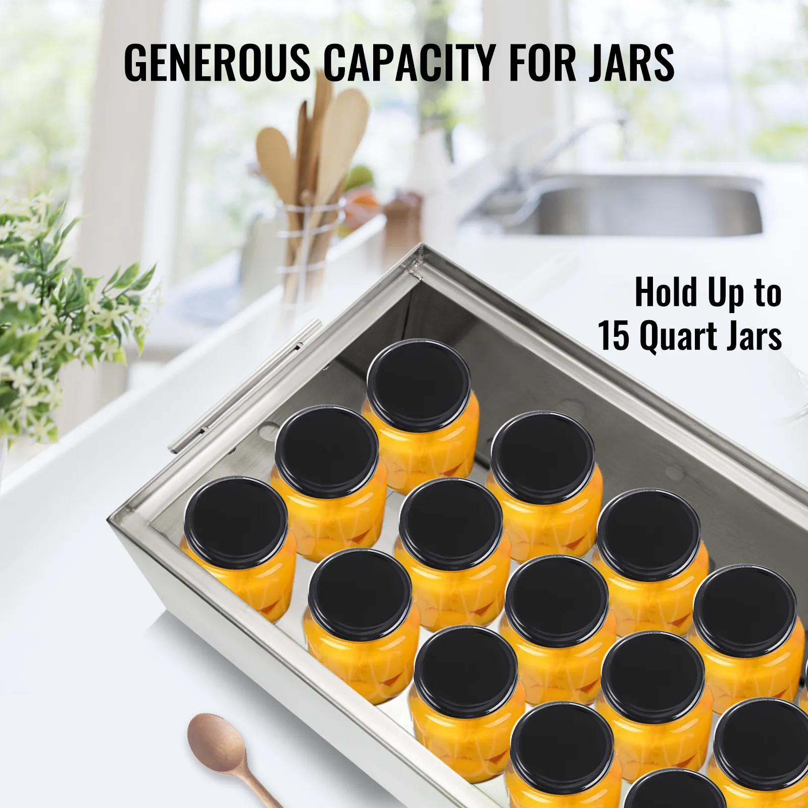 VEVOR water bath canner holding 15 quart jars of preserved fruit on a countertop.