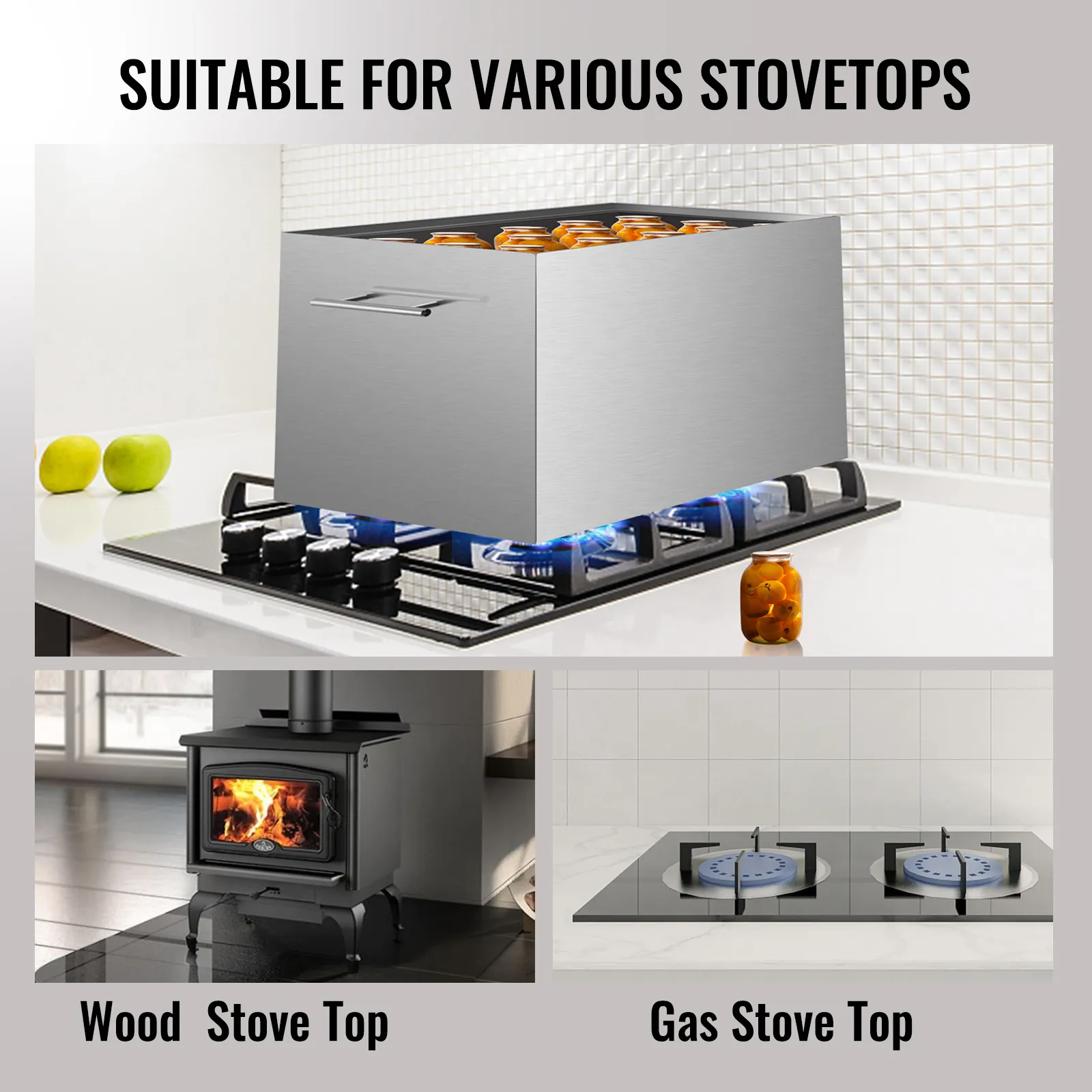 VEVOR water bath canner on various stovetops, featuring both wood and gas stove options.