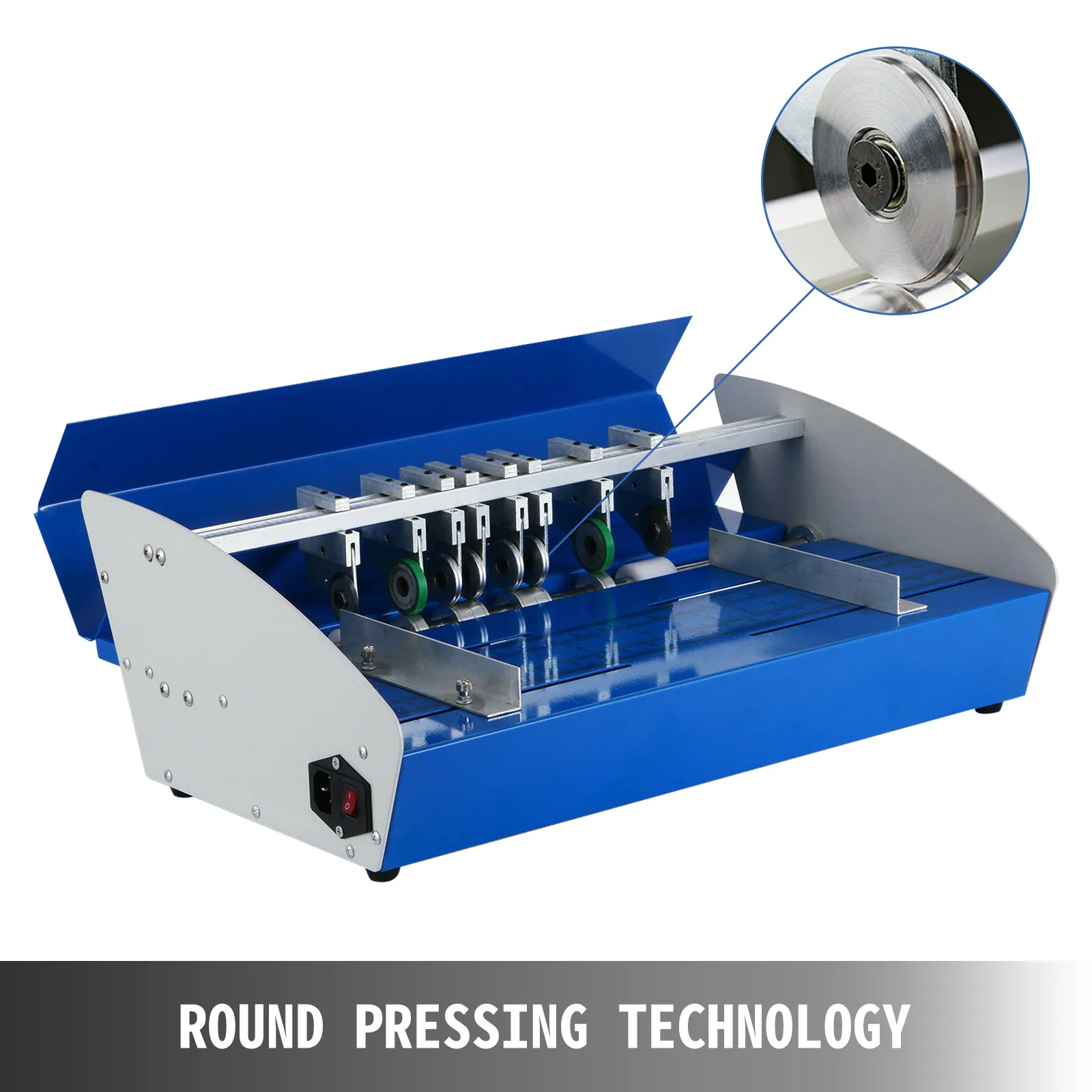 VEVOR elektrische Rillmaschine, blaues Design mit Rundpresstechnik.