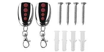 Dos controles remotos para abre-puertas de garaje enrollables VEVOR con tornillos de montaje y tacos de pared.