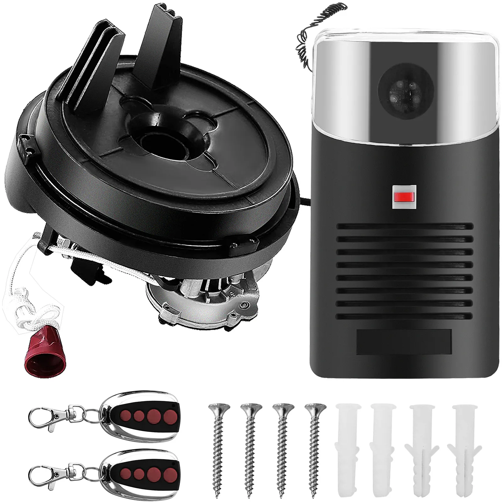 Abre-puertas enrollables de garaje VEVOR con controles remotos, tornillos y anclajes de pared.