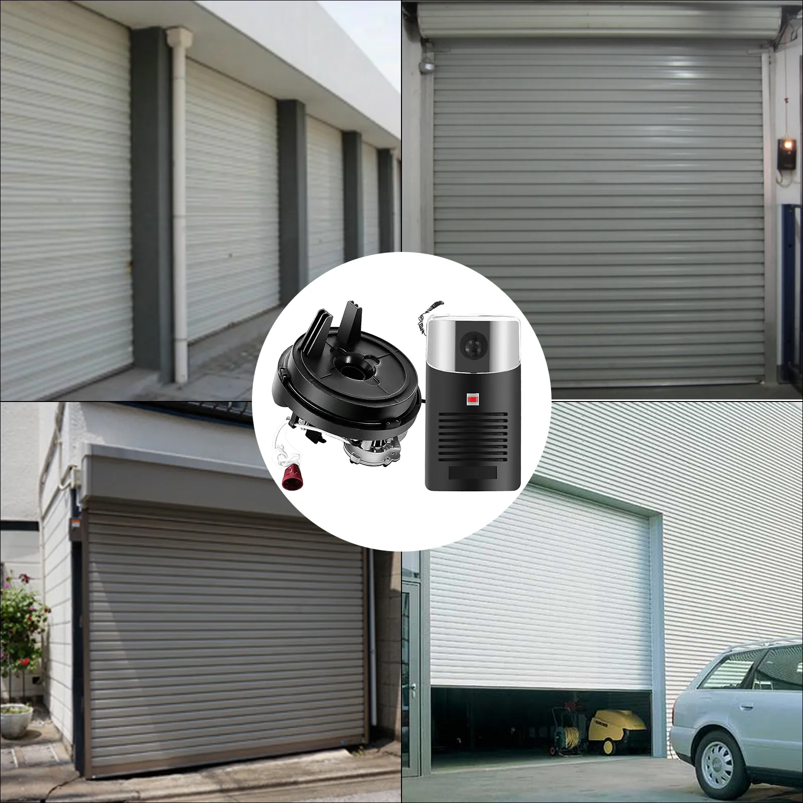 Varias puertas enrollables de garaje con un abridor de puerta enrollable de garaje VEVOR en el centro.