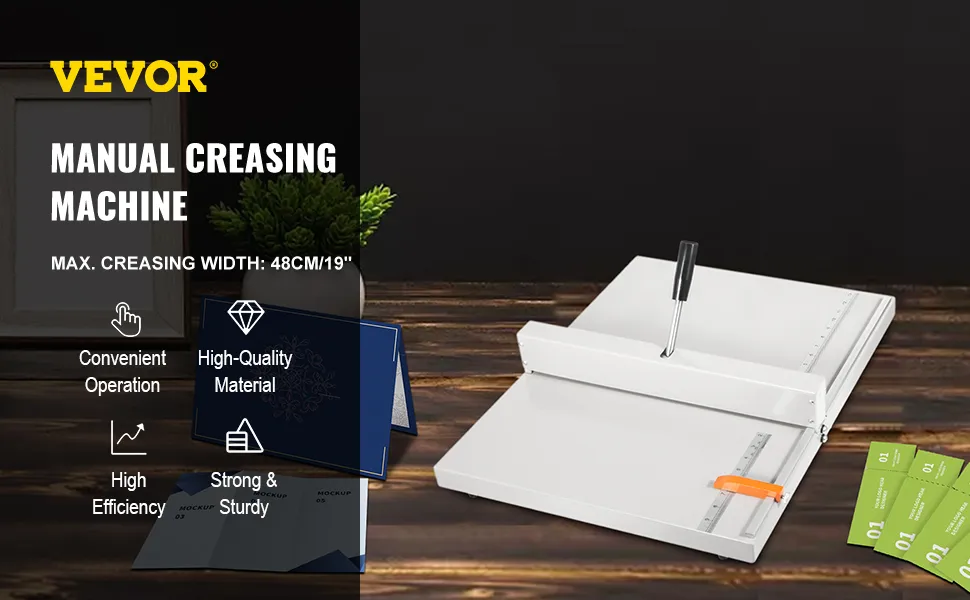 VEVOR creasing machine on wooden table with green cards, blue folder, and icons.