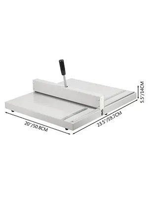 VEVOR creasing machine with dimensions 20"x23.5"x5.5", gray finish, and handle.