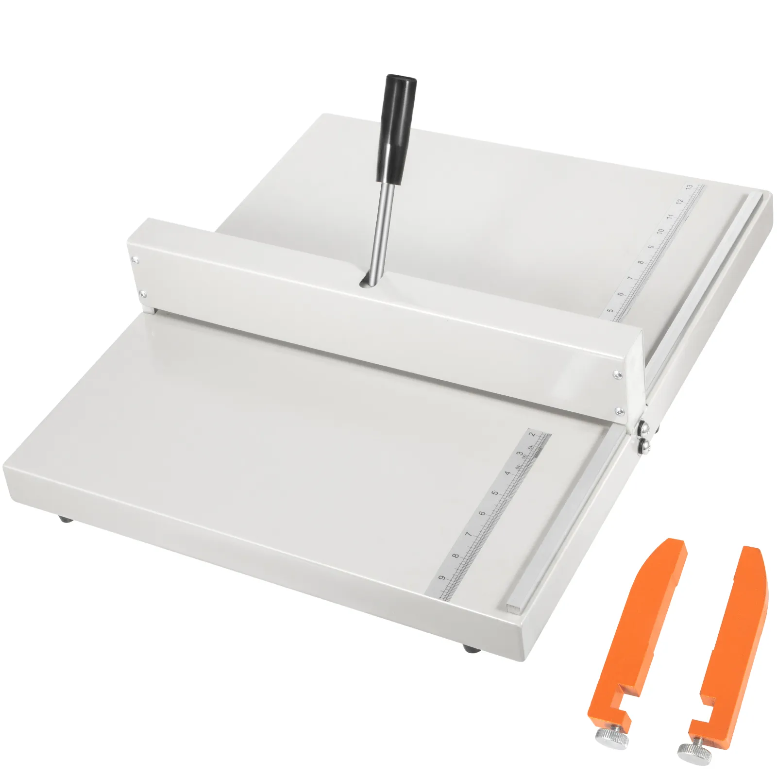 VEVOR creasing machine with handle and rulers, featuring two orange scoring blades.