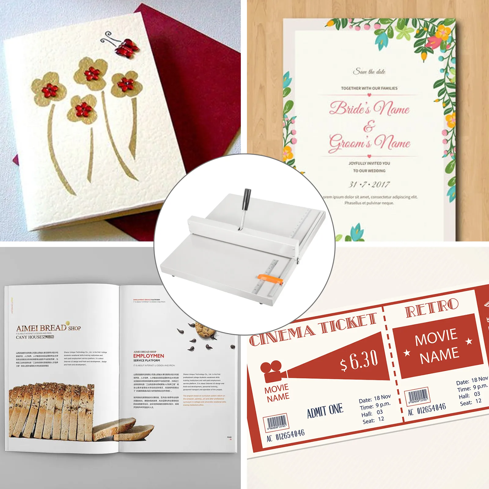 VEVOR creasing machine with wedding invites, cinema tickets, and a brochure spread.
