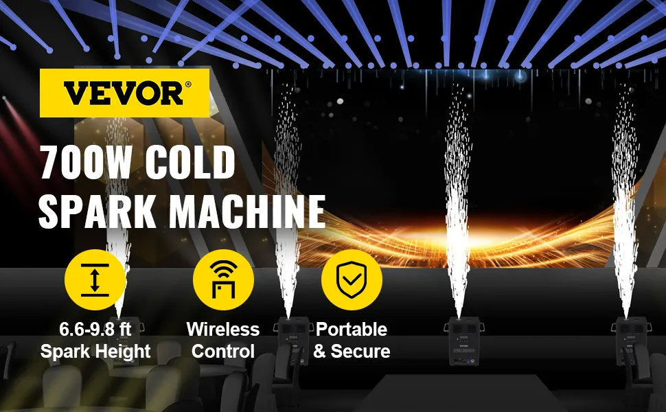 VEVOR stage lighting effect machine with cold spark and wireless control features.