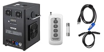 VEVOR stage lighting effect machine with remote control and power cables.