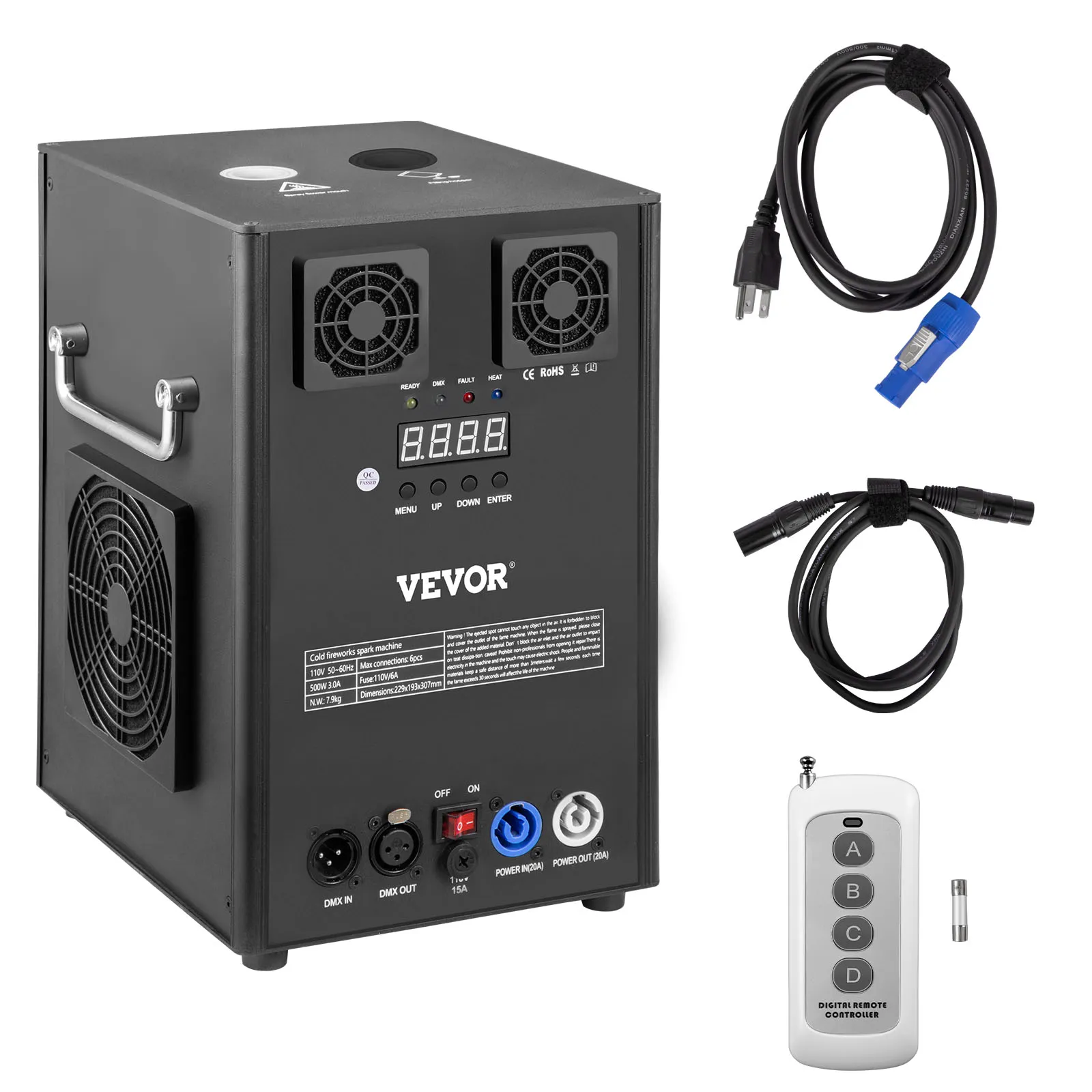 VEVOR stage lighting effect machine with power cables and remote control.