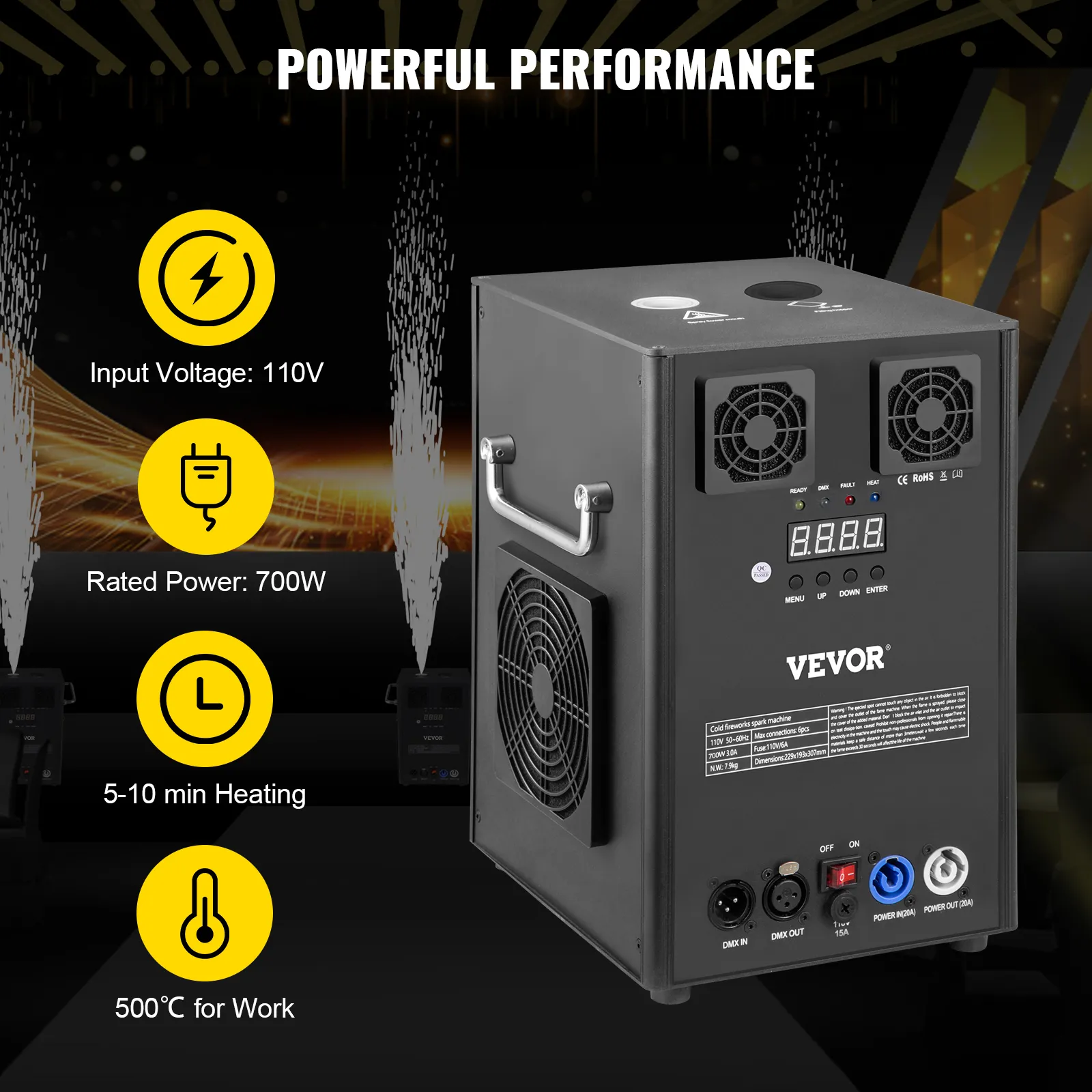 VEVOR stage lighting effect machine, 110v, 700w, 5-10 min heating, 500°c work temp.
